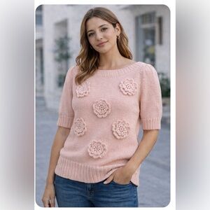 Women's Pink Crochet Flower Crewneck Sweater